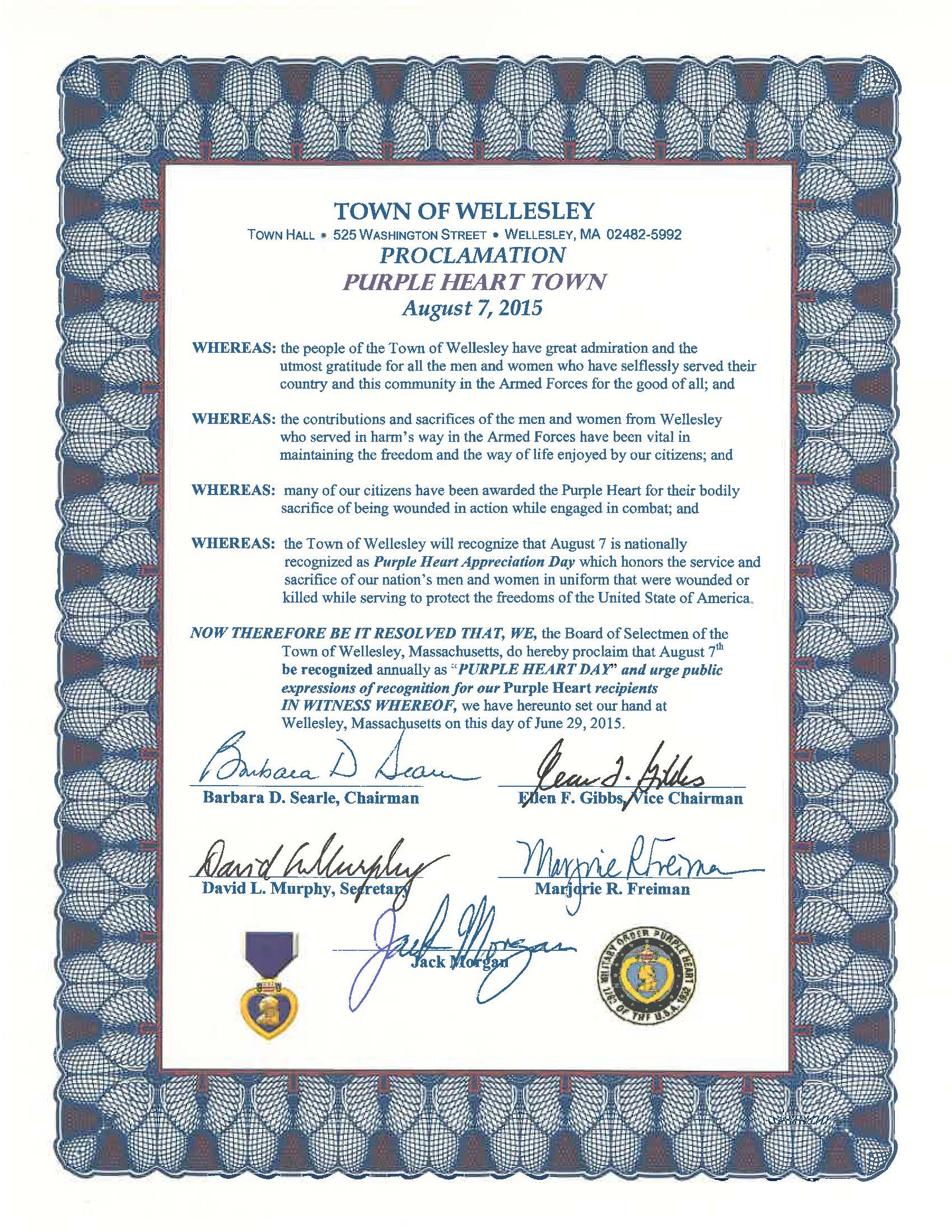 Wellesley Purple Heart Proclamation signed by Select Board 