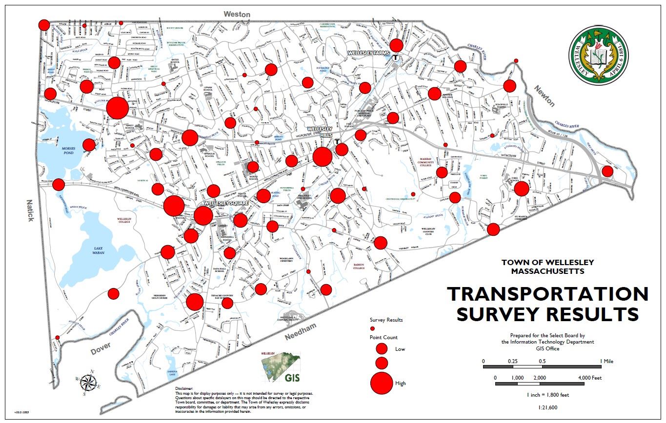 Map of Wellesley with red dots indicating locations where safety improvements are desired.