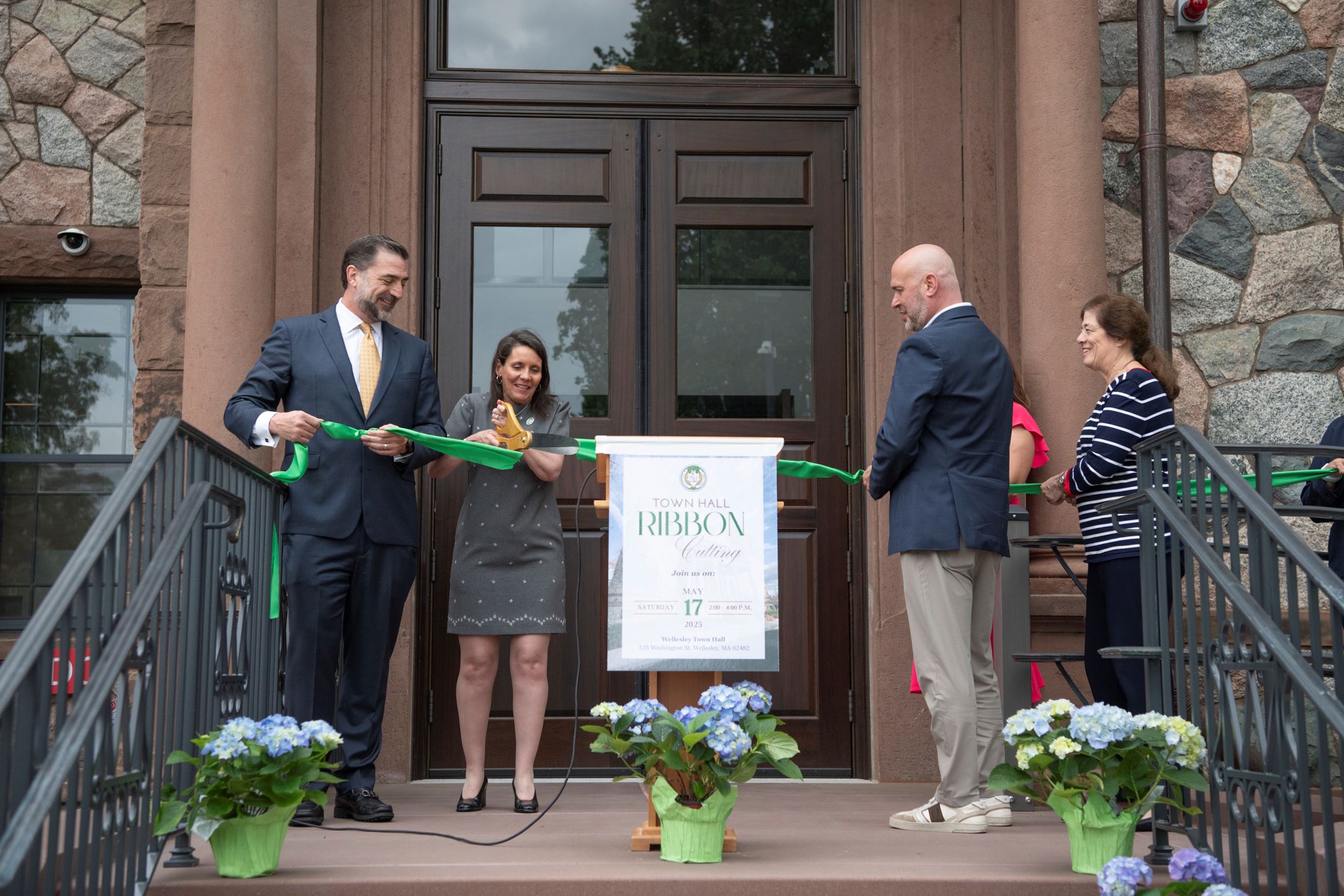 Renovated Town Hall ribbon cutting with Select Board members and Permanent Building Committee
